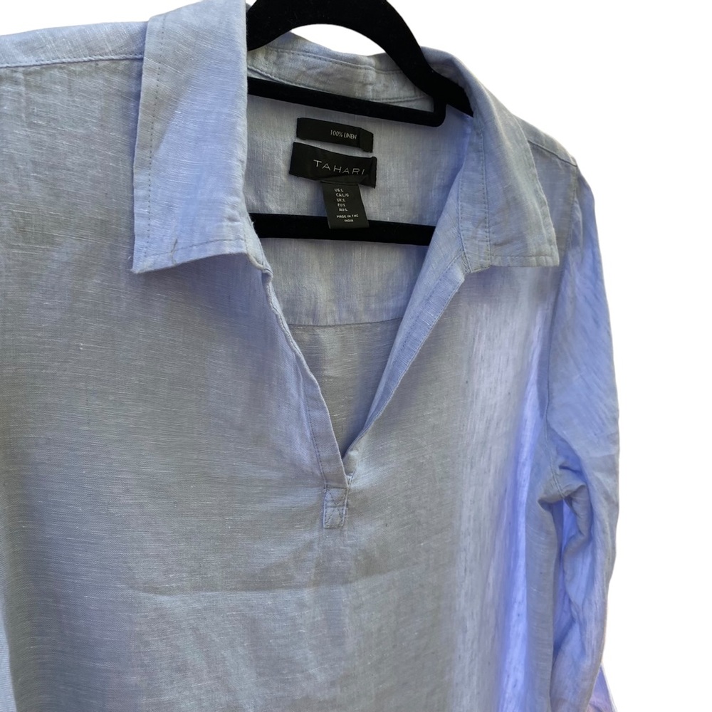 Tahari Blue 100% Linen V-neck Top Shell Button Detail 3/4 Sleeves EUC Size L - Picture 2 of 6